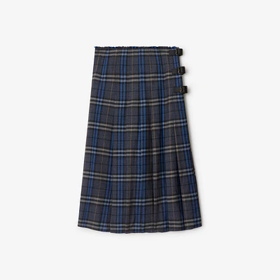 Check Wool Midi Kilt in Bright oxford blue/light granite - Women | Burberry® Official