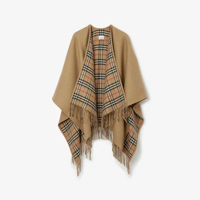 Check Wool Reversible Cape in Archive Beige - Women | Burberry® Official