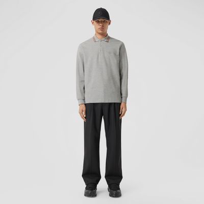 Long-sleeve Icon Stripe Collar Cotton Polo Shirt Pale Grey Melange - Men | Burberry® Official