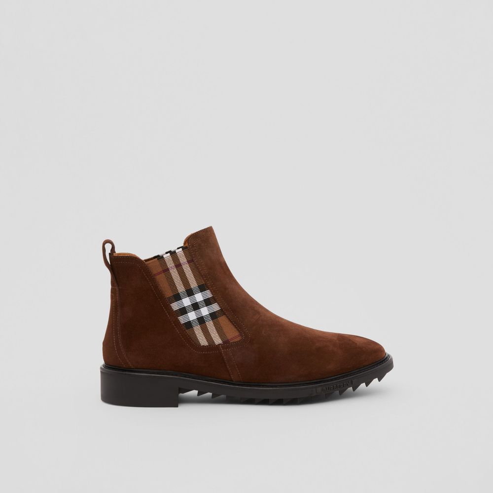 Vintage Check Detail Suede Chelsea Boots Brown - Men | Burberry® Official