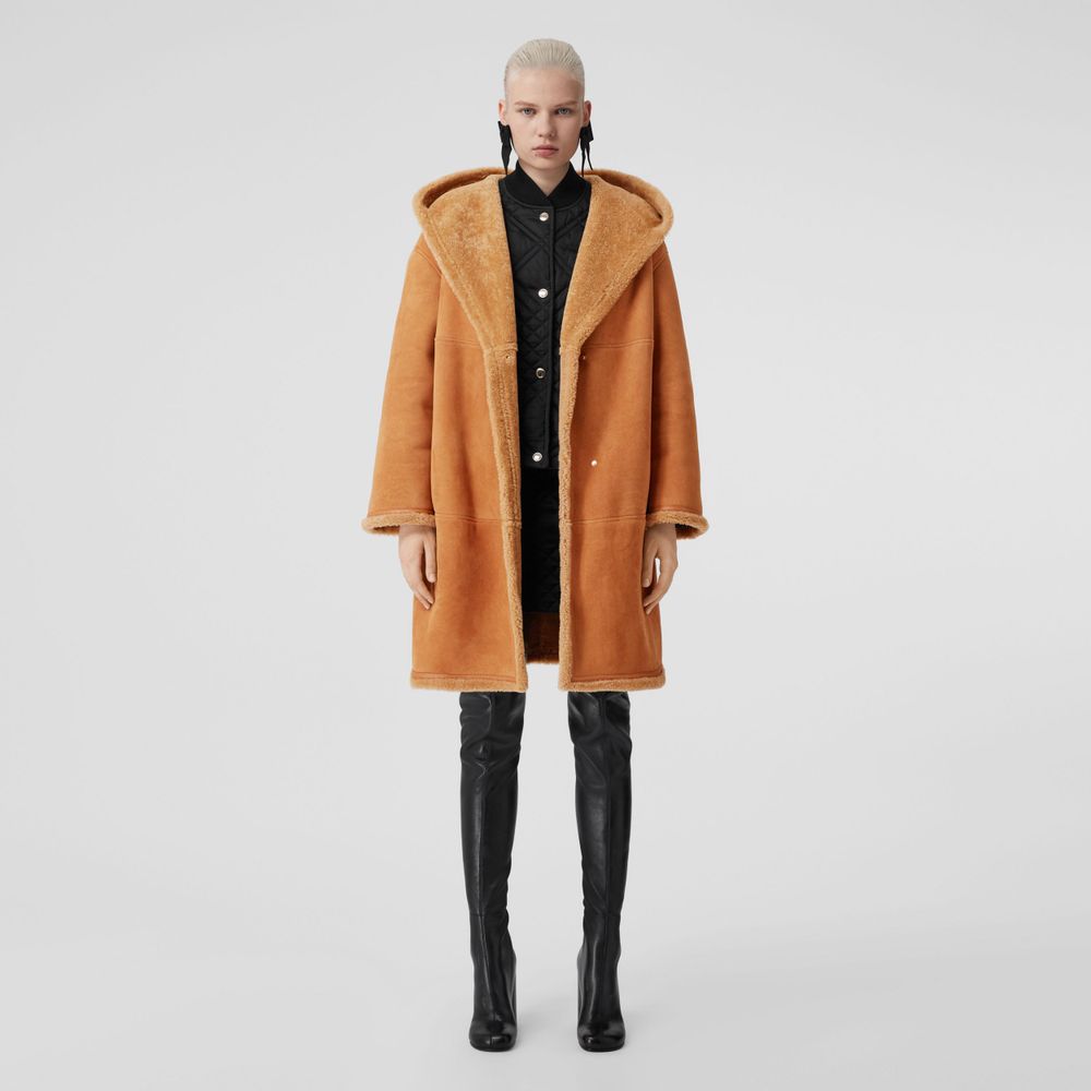 Shearling-lined Suede Hooded Coat Camel - Women | Burberry® Official
