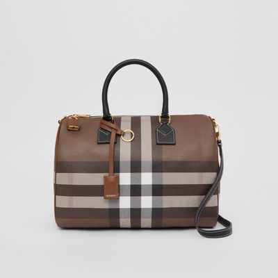 Check and Leather Bowling Bag in Dark Birch Brown