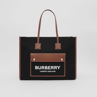 Two-tone Canvas and Leather Medium Freya Tote in Black/tan | Burberry® Official