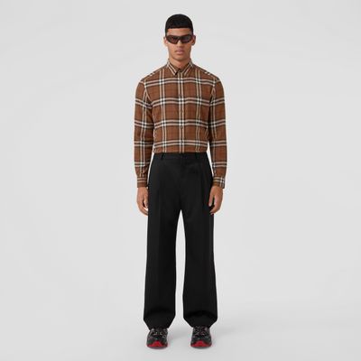 Button-down Collar Check Cotton Flannel Shirt Dark Birch Brown - Men | Burberry® Official