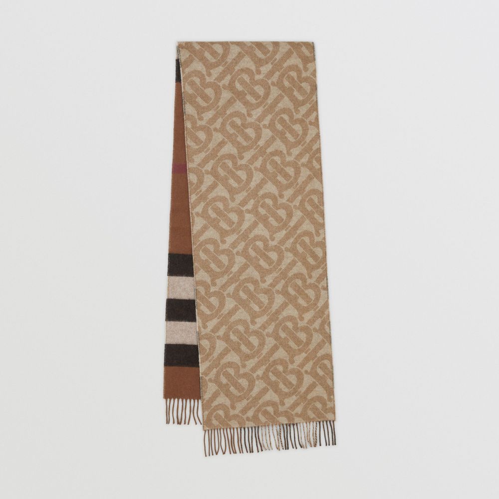 Reversible Check and Monogram Cashmere Scarf in Archive Beige/dark Birch Brown | Burberry® Official