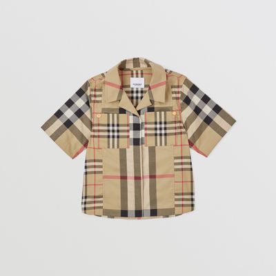 Short-sleeve Patchwork Check Stretch Cotton Shirt Archive Beige | Burberry® Official