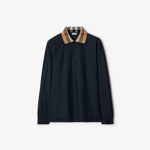 Long-sleeve Check Collar Cotton Polo Shirt in Smoked navy - Men | Burberry® Official