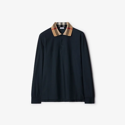 Long-sleeve Check Collar Cotton Polo Shirt in Smoked navy - Men | Burberry® Official