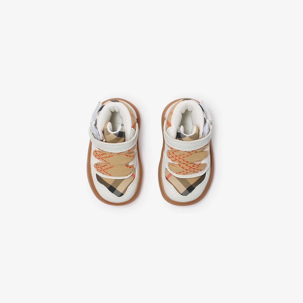 Check and Leather High-top Sneakers in Sand