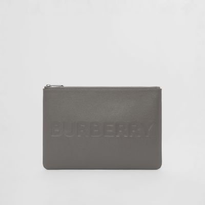 Logo Embossed Leather Zip Pouch in Charcoal Grey - Men | Burberry® Official
