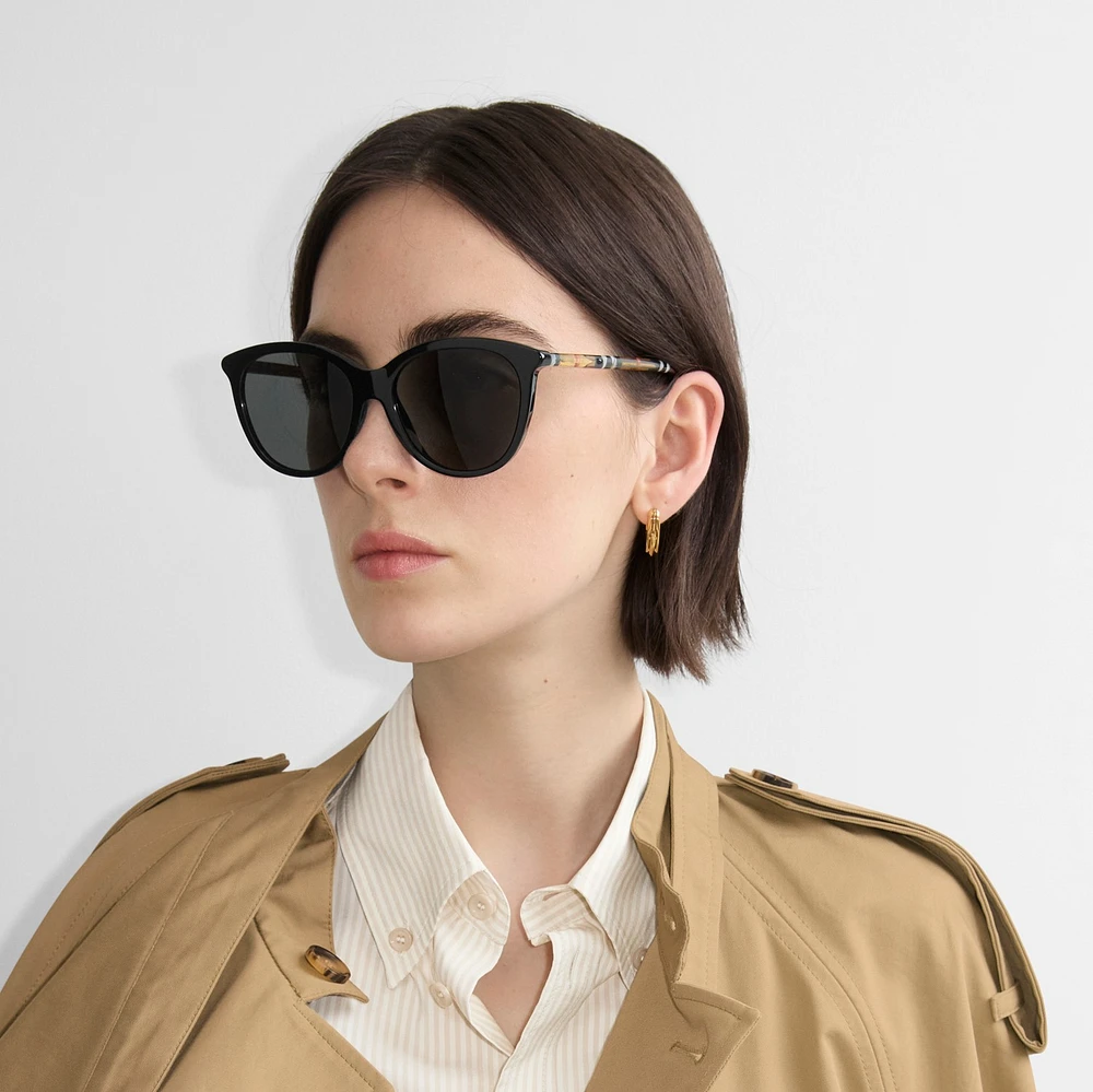Tubular Check Round Sunglasses​ in Black - Women | Burberry® Official