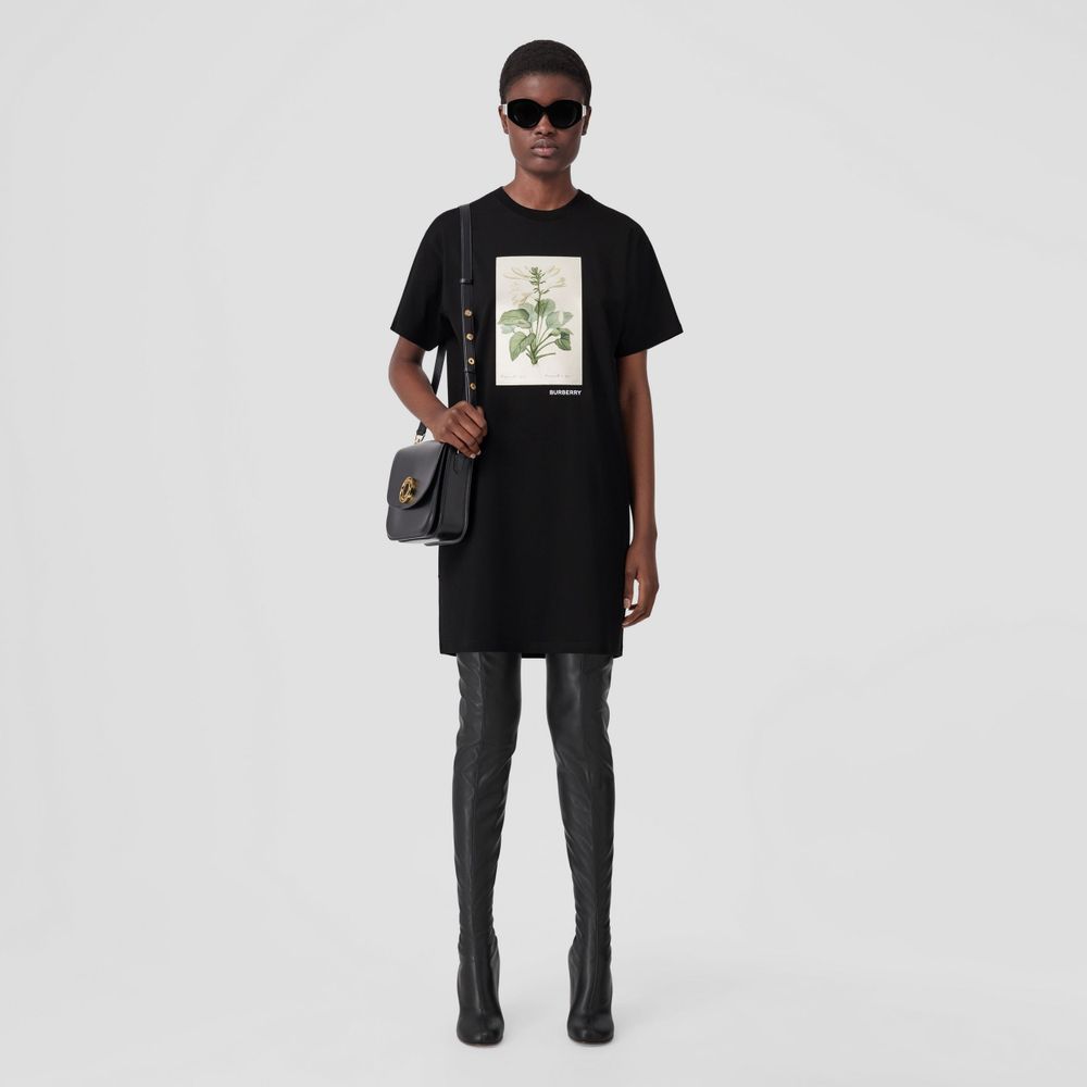 Botanical Sketch Print Cotton T-shirt Dress Black - Women | Burberry® Official