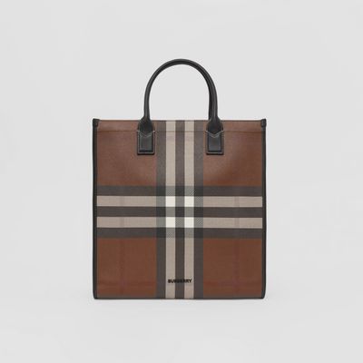 Check and Leather Tote in Dark Birch Brown | Burberry® Official