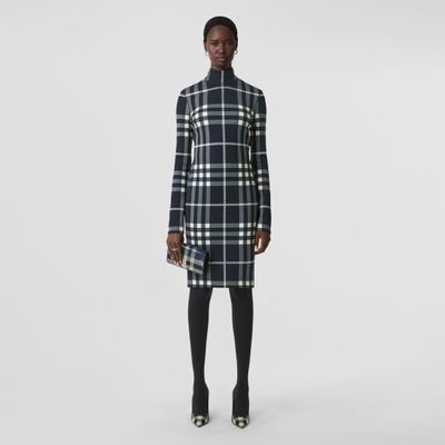 Night Check Stretch Jersey Funnel Neck Dress - Exclusive Capsule Collection Dark Charcoal Blue/silver Women | Burberry® Official