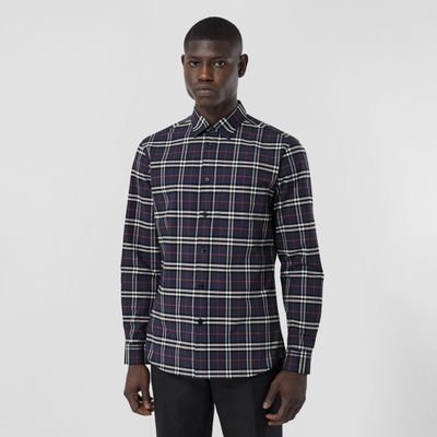 Small Scale Check Stretch Cotton Shirt Navy - Men | Burberry® Official