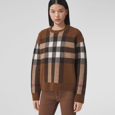 Exaggerated Check Wool Cashmere Sweater Dark Birch Brown - Women | Burberry® Official
