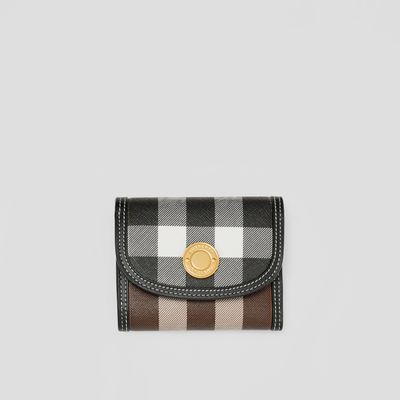 Check and Leather Small Folding Wallet in Dark Birch Brown - Women | Burberry® Official