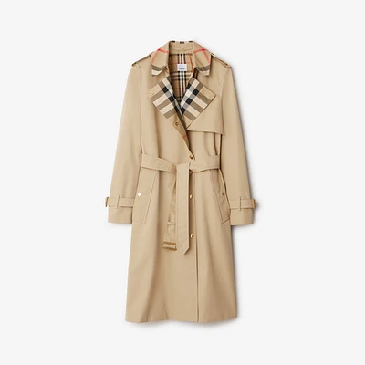 Long Check Collar Gabardine Trench Coat in Honey - Women, Cotton | Burberry® Official