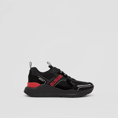 Logo Print Suede and Mesh Sneakers Black/bright Red - Men | Burberry® Official