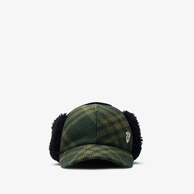 Shearling Trim Check Wool Trapper Cap in Root - Men | Burberry® Official
