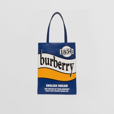 Slogan Print Leather Tote Bag in Blue - Men | Burberry® Official