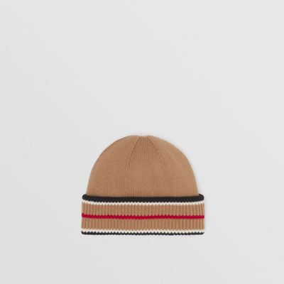 Reversible Icon Stripe Cashmere Cotton Beanie in Black/camel | Burberry® Official