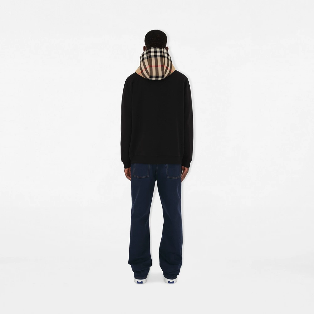 Check Hood Cotton Blend Zip Hoodie in Black/birch brown - Men | Burberry® Official