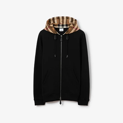 Check Hood Cotton Blend Zip Hoodie in Black/birch brown - Men | Burberry® Official