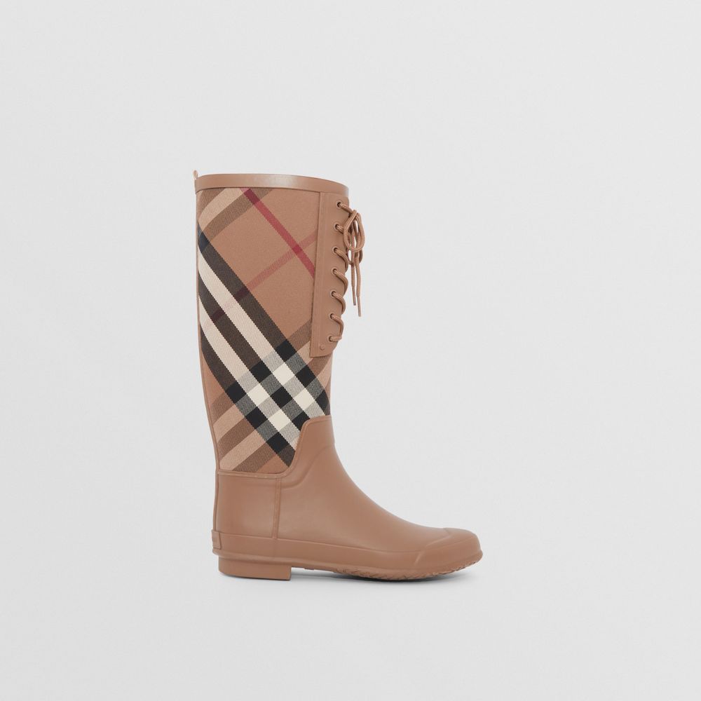 Vintage Check and Rubber Rain Boots Birch Brown - Women | Burberry® Official