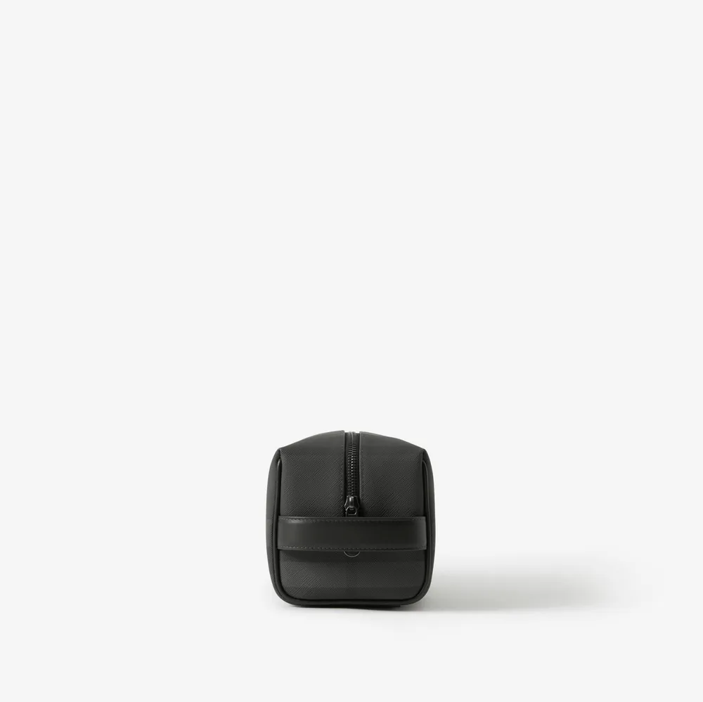 Check and Leather Travel Pouch in Charcoal - Men, Canvas | Burberry® Official