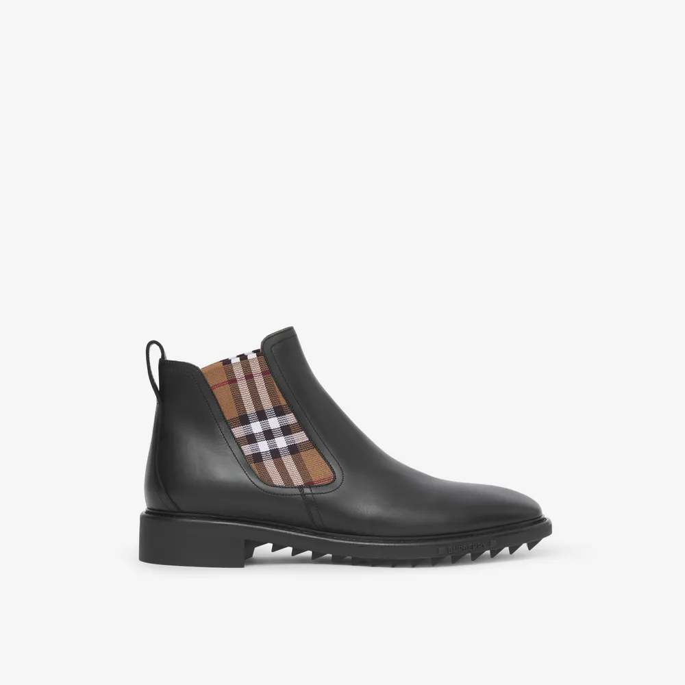 Burberry + Vintage Check Detail Leather Chelsea Boots Black/birch Brown |  Burberry® Official | Yorkdale Mall