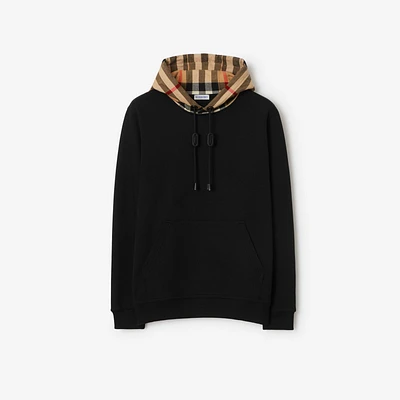 Check Hood Cotton Hoodie in Black - Men | Burberry® Official