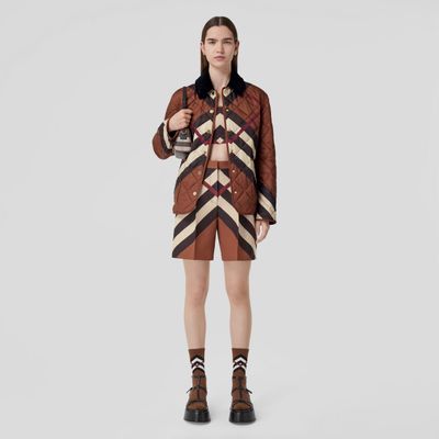 Chevron Check Wool Jacquard Tailored Shorts Dark Birch Brown - Women | Burberry® Official