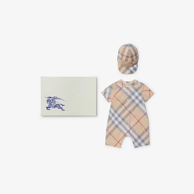 Check Cotton Two-piece Baby Gift Set in Pale stone - Children | Burberry® Official