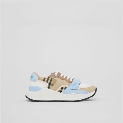 Check Cotton, Canvas and Leather Sneakers Pale Blue/soft Fawn | Burberry® Official