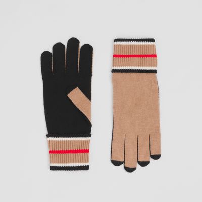 Striped Cuff Cashmere Cotton Gloves Black/camel | Burberry® Official