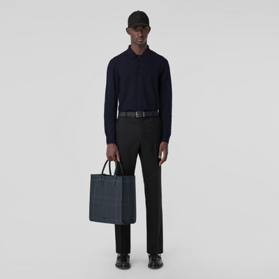 Long-sleeve Monogram Motif Wool Blend Polo Shirt Dark Charcoal Blue - Men | Burberry® Official