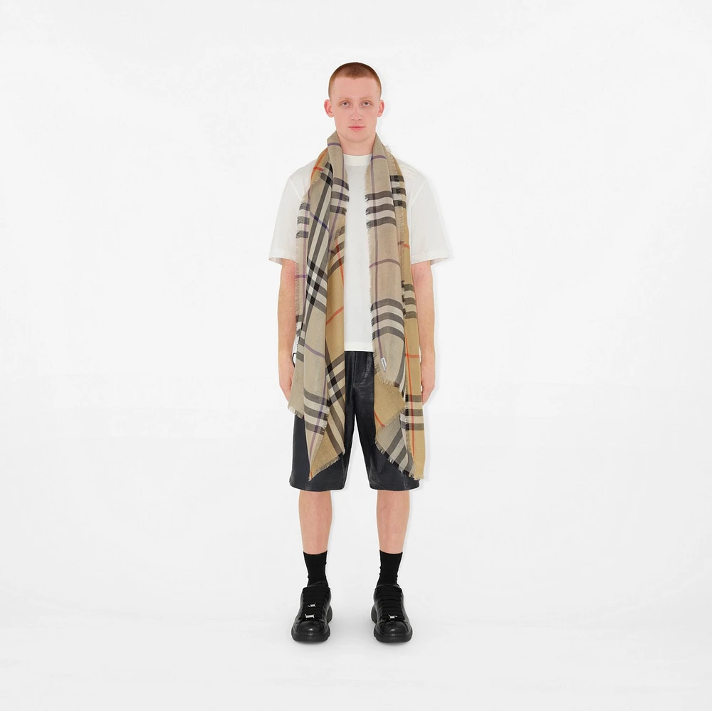 Wide Reversible Check Wool Silk Scarf in Sand/lichen | Burberry® Official
