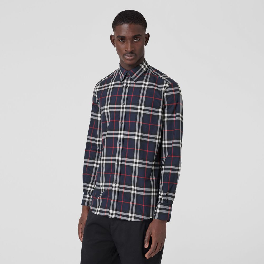 Check Cotton Poplin Shirt Navy - Men | Burberry® Official