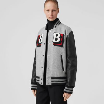 Letter Graphic Technical Wool and Leather Bomber Jacket Ash Grey Melange - Women | Burberry® Official