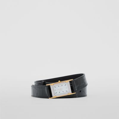 Faux Watch Detail Embossed Leather Belt Black - Men | Burberry® Official