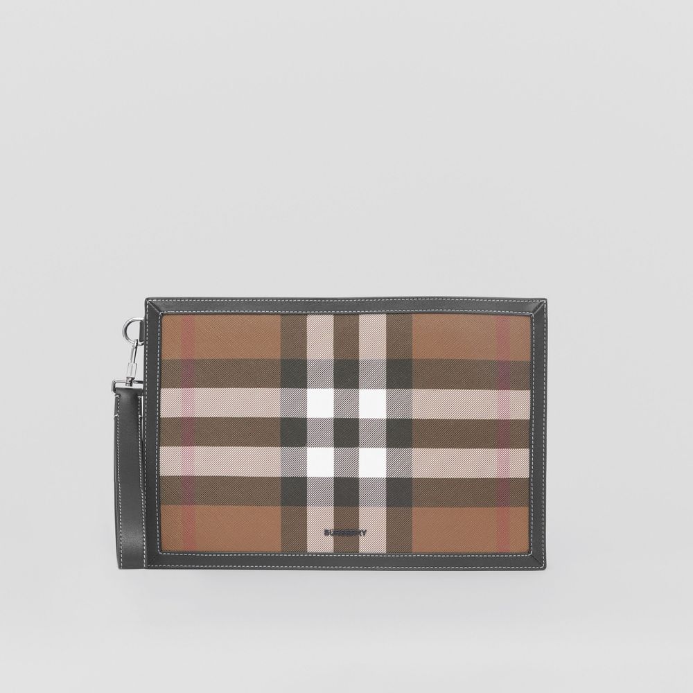 Check and Leather Zip Pouch in Dark Birch Brown - Men | Burberry® Official