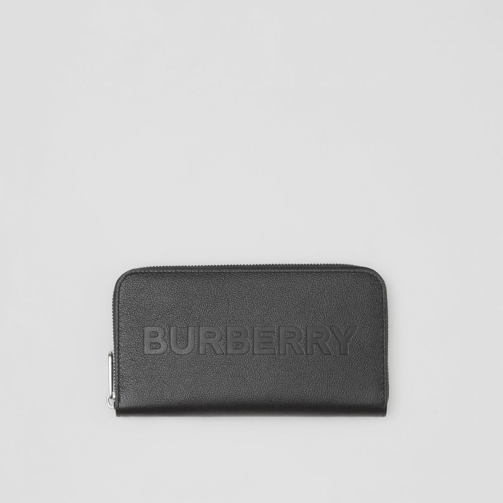 Logo Embossed Leather Ziparound Wallet in Black - Men | Burberry® Official