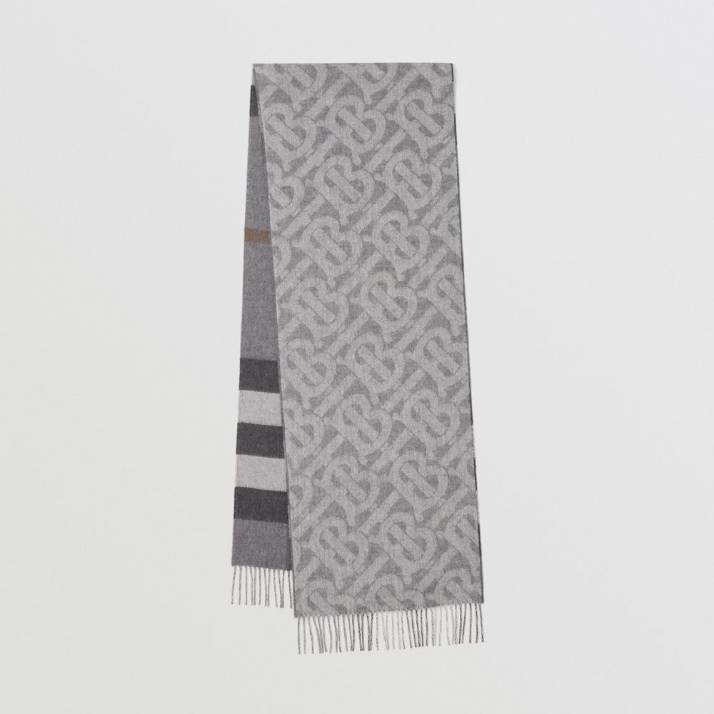 Reversible Check and Monogram Cashmere Scarf in Mid Grey | Burberry® Official
