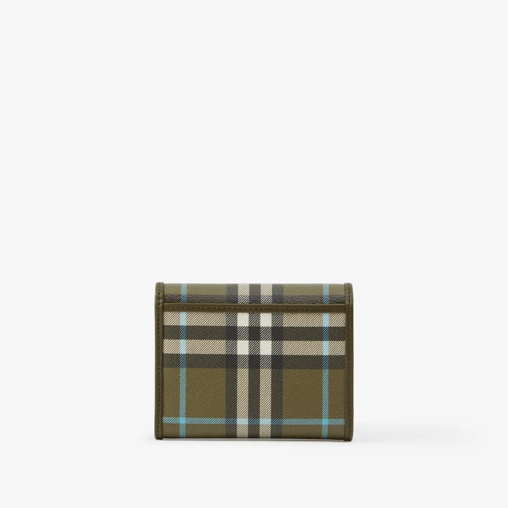 Check and Leather Small Folding Wallet in Olive Green - Women