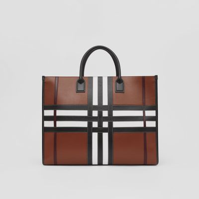 Exaggerated Check Leather Tote in Tan - Men | Burberry® Official