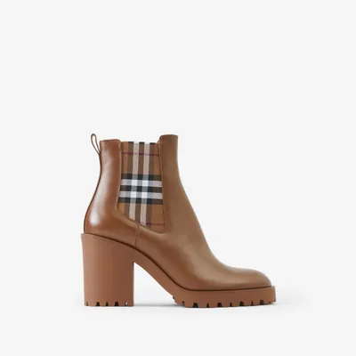 Check Panel Leather Ankle Boots in Dark birch brown - Women | Burberry® Official