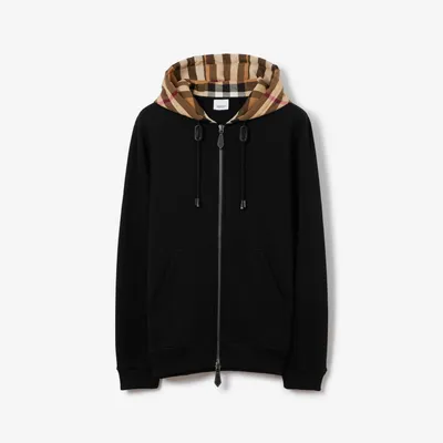 Check Hood Cotton Blend Zip Hoodie in Black/birch brown - Men | Burberry® Official