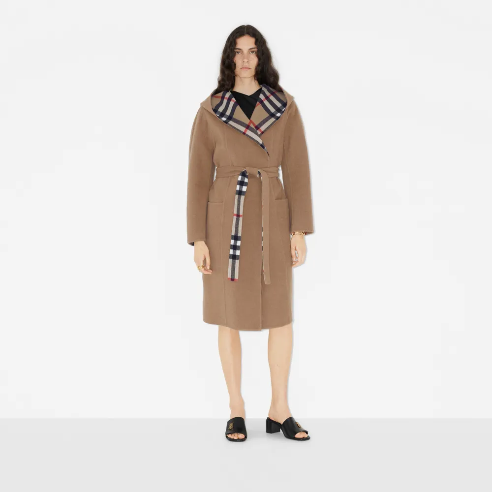 Burberry Check Detail Wool Hooded Wrap Coat Beige - Women | Burberry® Official | Yorkdale Mall