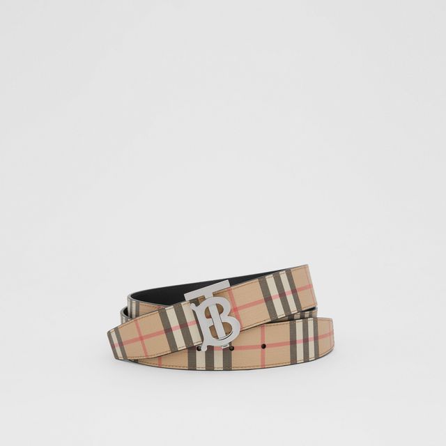 Reversible Vintage Check and Leather Belt in Archive Beige/gold - Men